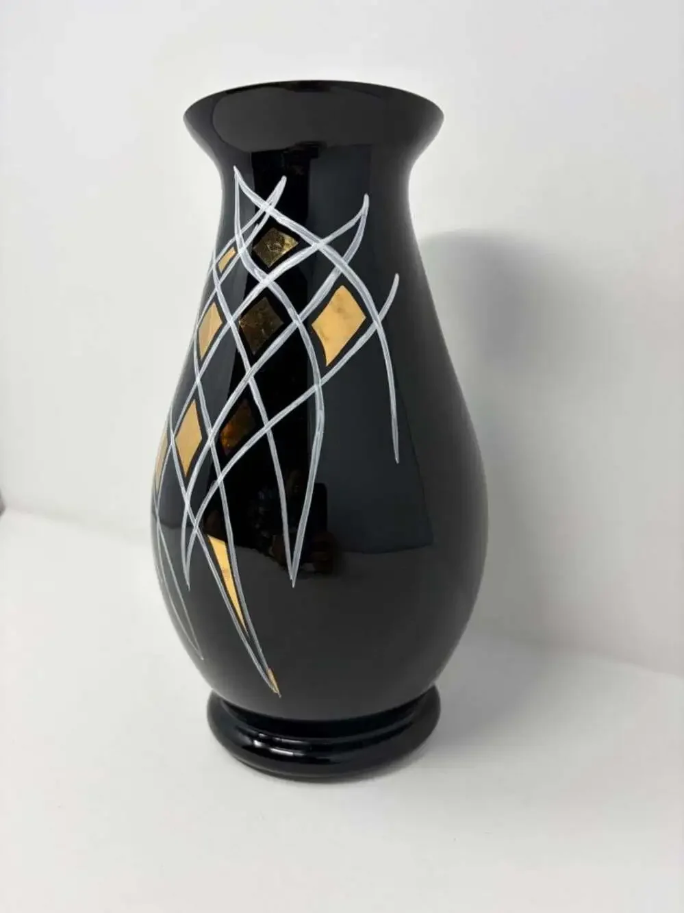 Bohemia Glass Black Art Glass Vase w/ Gold & Silver Design